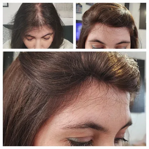 Trois vues rapprochées d’une chevelure brune, de la raie et de la coiffure relevée sur le devant.