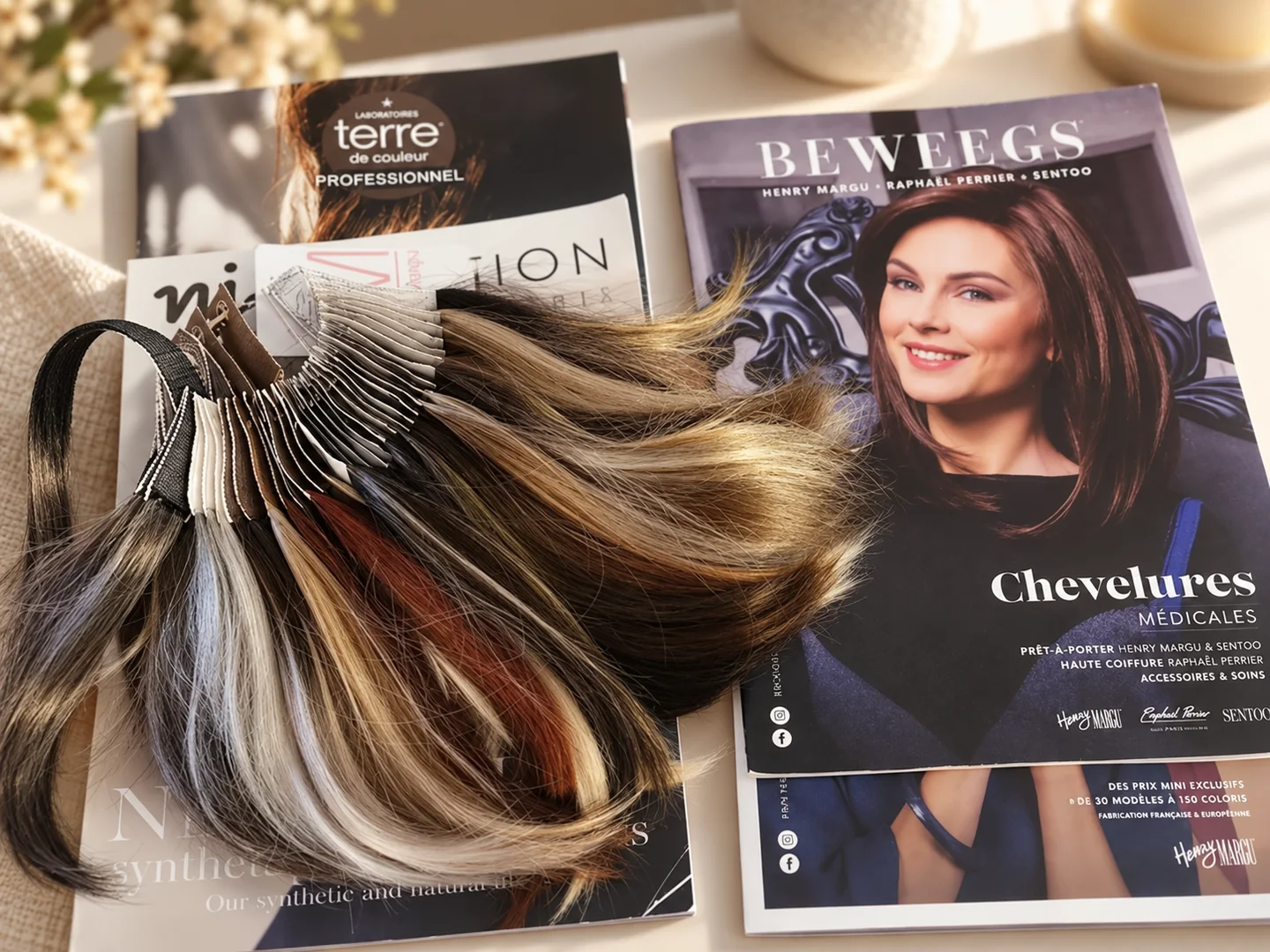 Nuancier de mèches de cheveux posé sur des catalogues de solutions capillaires.