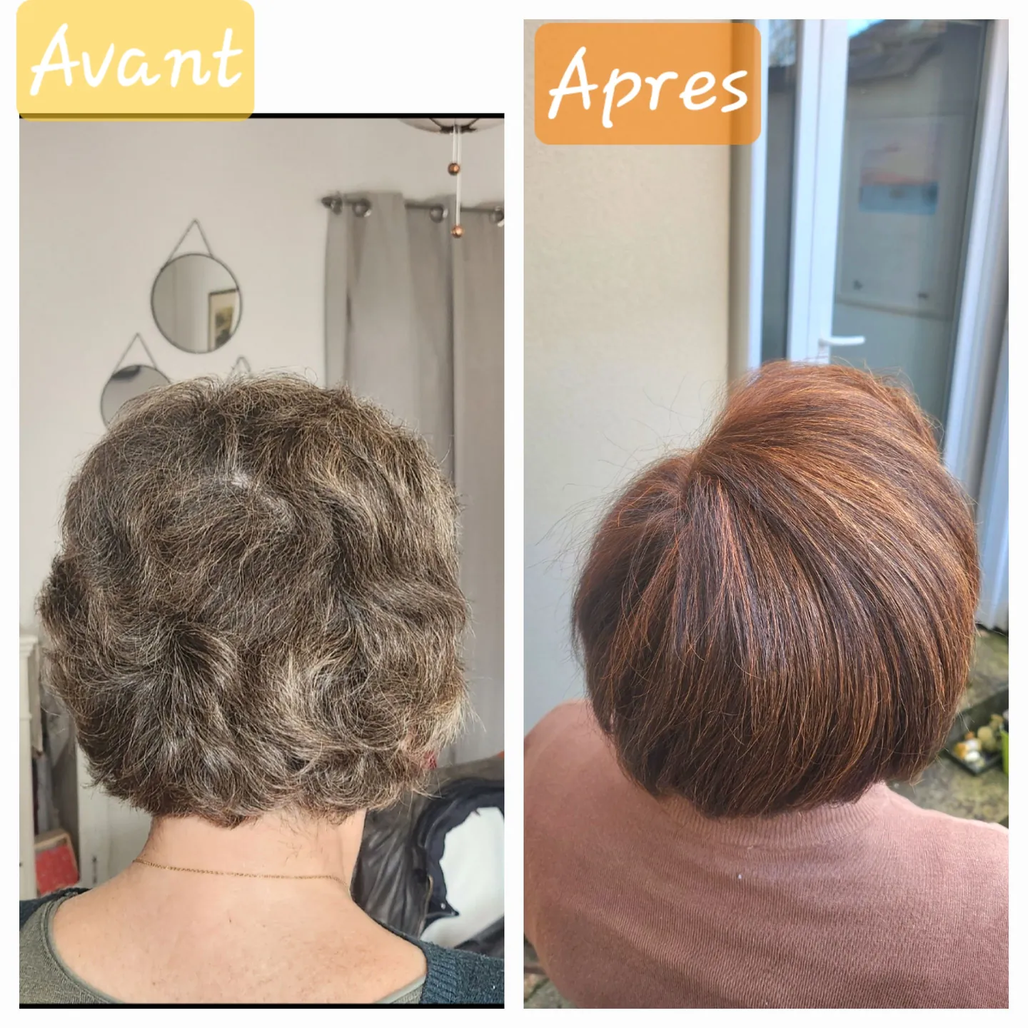 Comparaison de dos de deux coiffures, une chevelure ondulée puis un carré lisse.