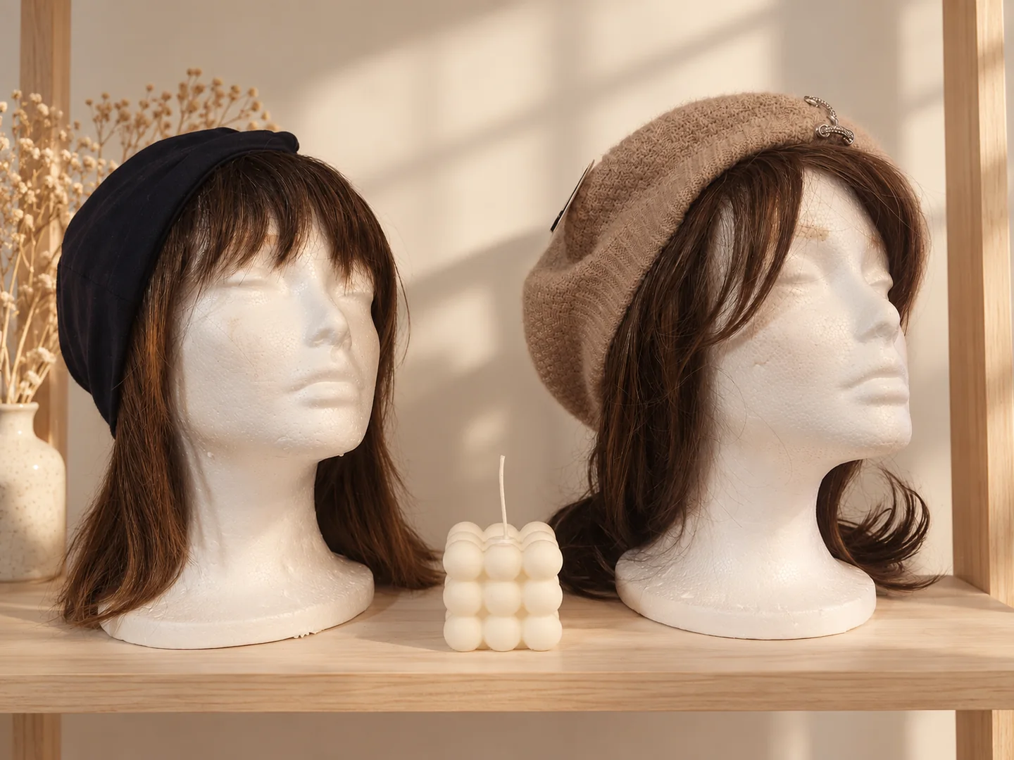Deux chevelures brunes avec couvre-chefs, présentées sur des têtes de mannequin.