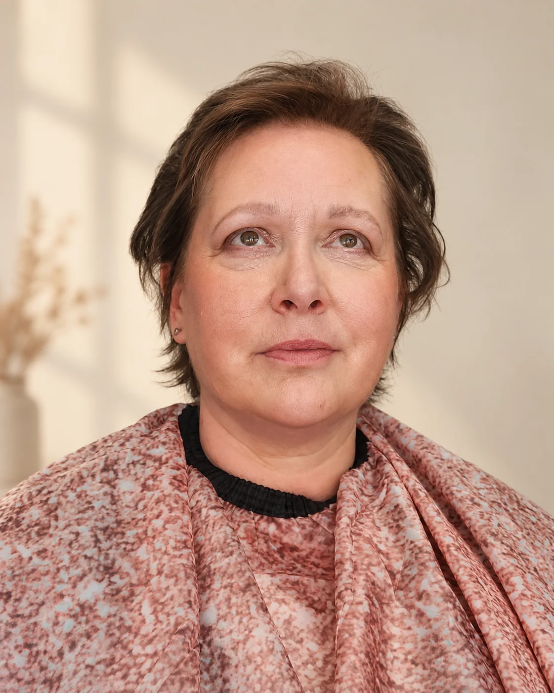 Portrait d’une femme aux cheveux courts bruns portant une cape de coiffure.
