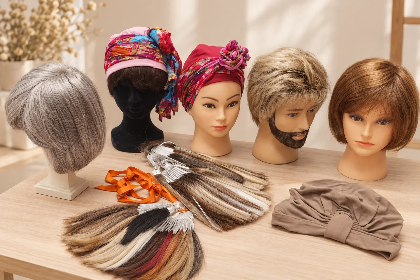 Prothèses, turbans et nuanciers capillaires disposés sur une table claire.