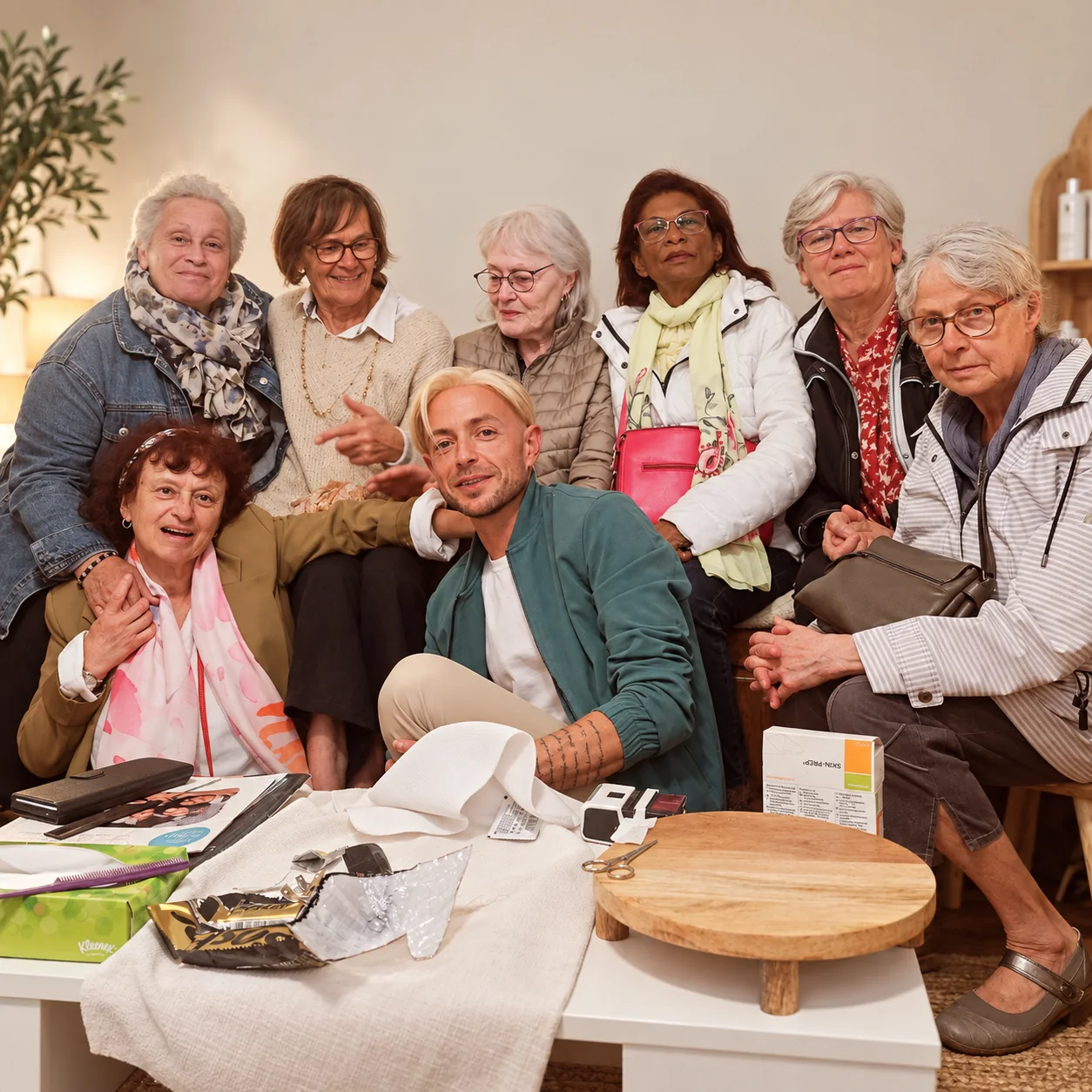 Groupe de personnes réunies autour d’une table présentant des produits et accessoires.