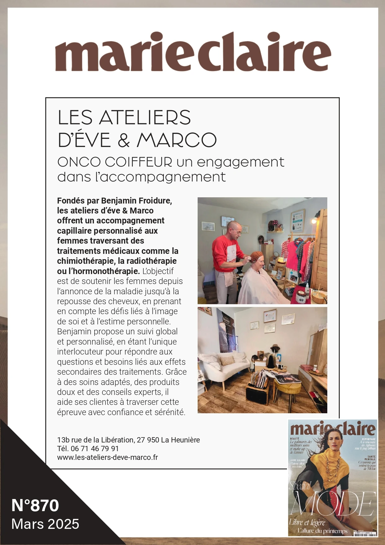 Parution de mars 2025 dans Marie Claire consacrée à l’accompagnement proposé par les Ateliers d’Eve & Marco.